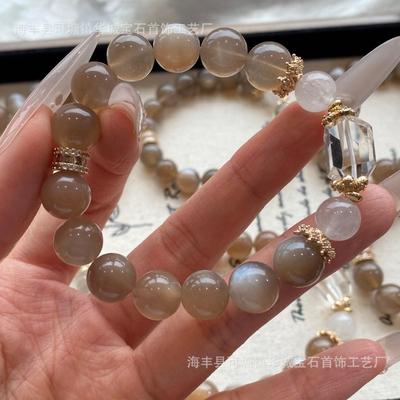 巧恩天然奶茶月光水晶手链灰月光白兔毛水晶设计款DIY散珠送礼