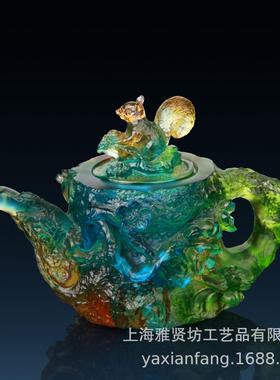 雅贤坊琉璃厂家专业生产琉璃松鼠茶壶等多款琉璃茶具摆件