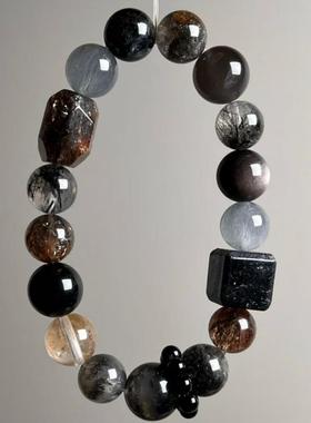 天然四季幽灵聚宝盆满盆搭配黑发晶金超随形原创设计款天然手串批