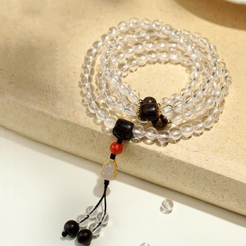 天然净体白水晶6mm多圈手串108颗沉香佛珠和田玉葫芦手链女款百搭