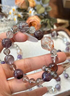 巧恩珠宝天然紫水晶圆珠暗黑色紫幽灵茶发晶黑金超异型手链