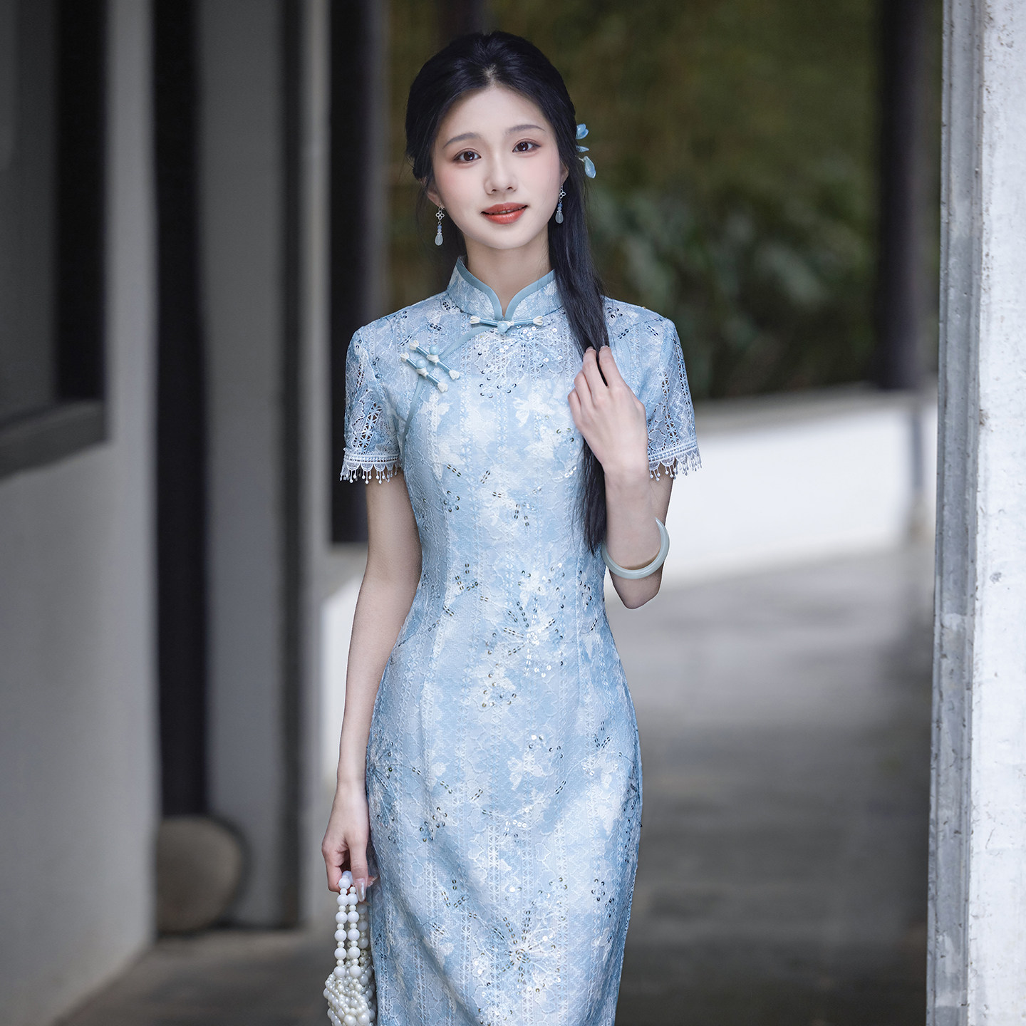 南风知蓝色改良旗袍蕾丝国风新中式清新优雅少女2026新款夏季显瘦