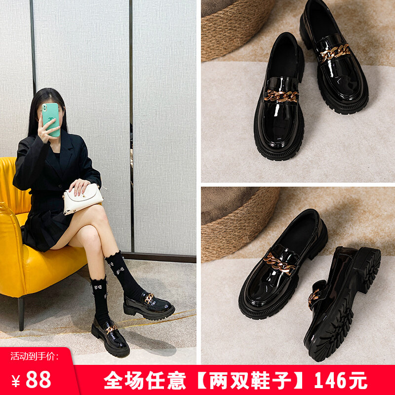 英伦风小皮鞋女2022年新款春秋季百搭女鞋一脚蹬乐福鞋粗跟单鞋女