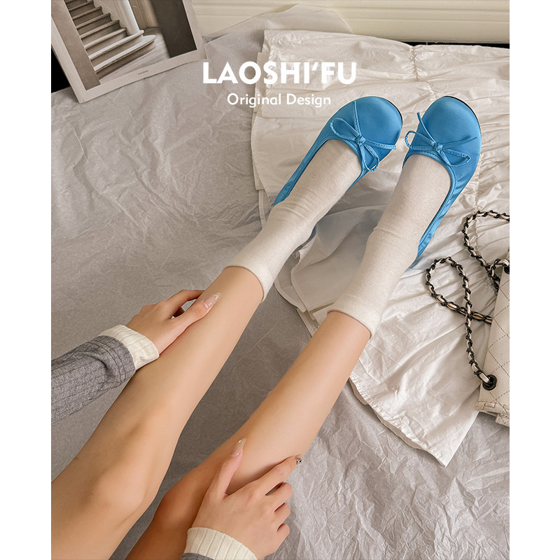 老师傅手工定制羊皮版法式蝴蝶结芭蕾舞鞋蓝色玛丽珍鞋平底单鞋女
