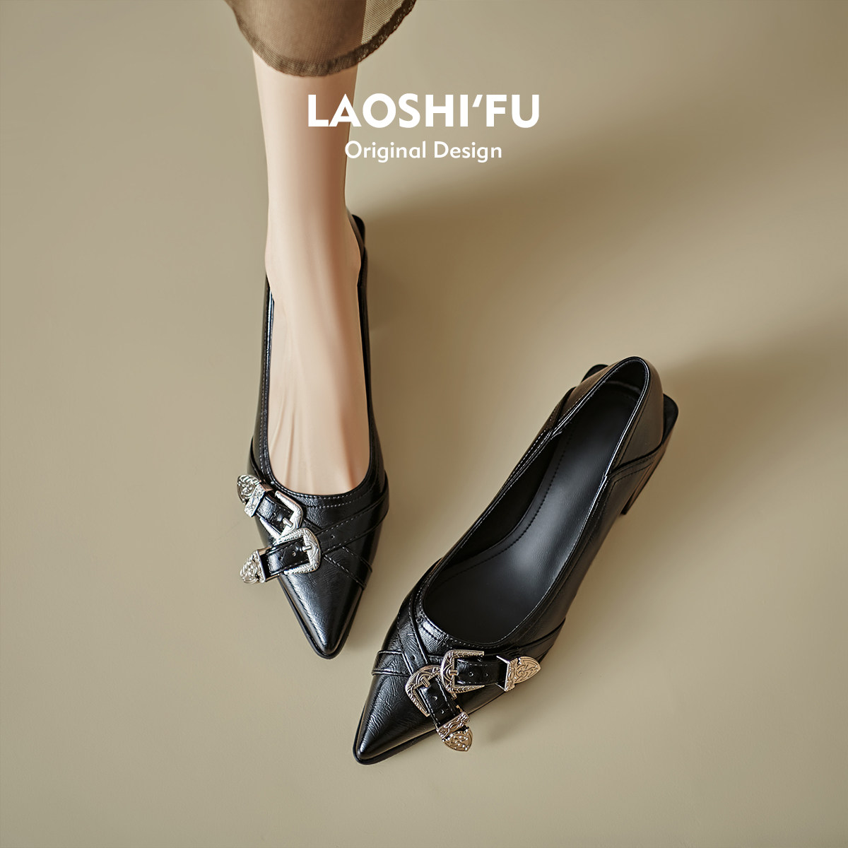 羊皮版！复古气质黑色小皮鞋女2025春新款尖头浅口粗跟单鞋高跟鞋