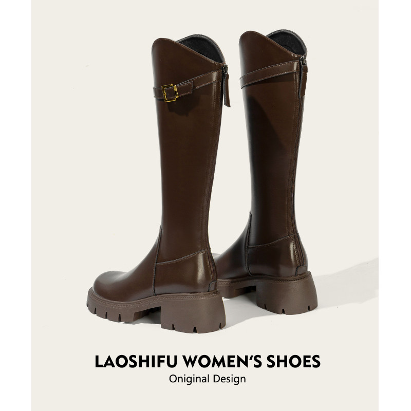 老师傅手工定制真皮V口长筒靴女秋增高厚底高筒长靴粗跟骑士靴子