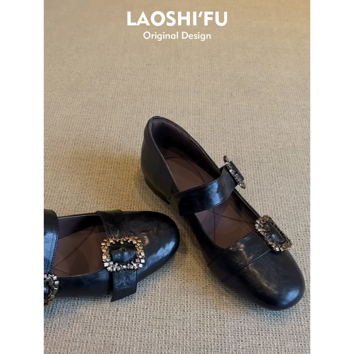 羊皮版~方头水钻皮带扣粗跟单鞋女2026新款温柔气质浅口玛丽珍鞋