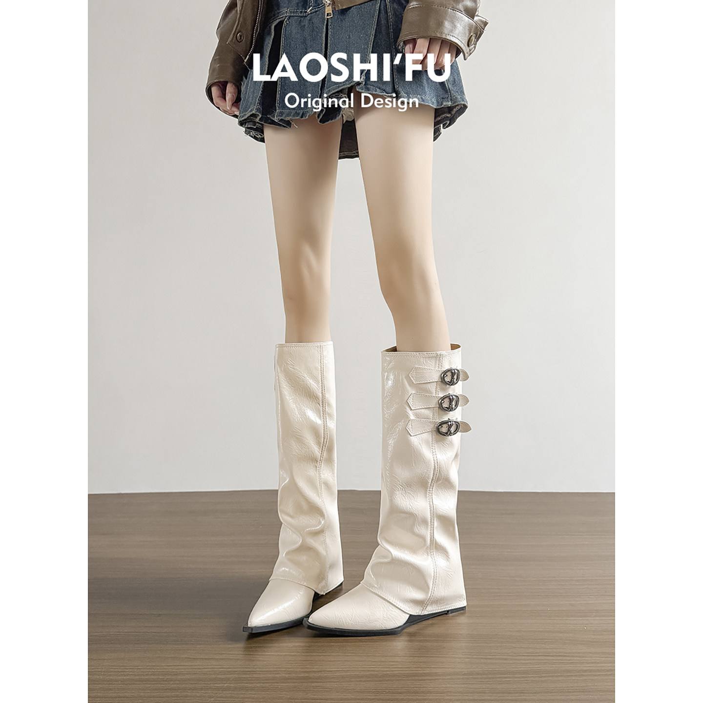 老师傅手工定制真皮坡跟长筒靴女2025新款皮带扣辣妹裤筒靴骑士靴