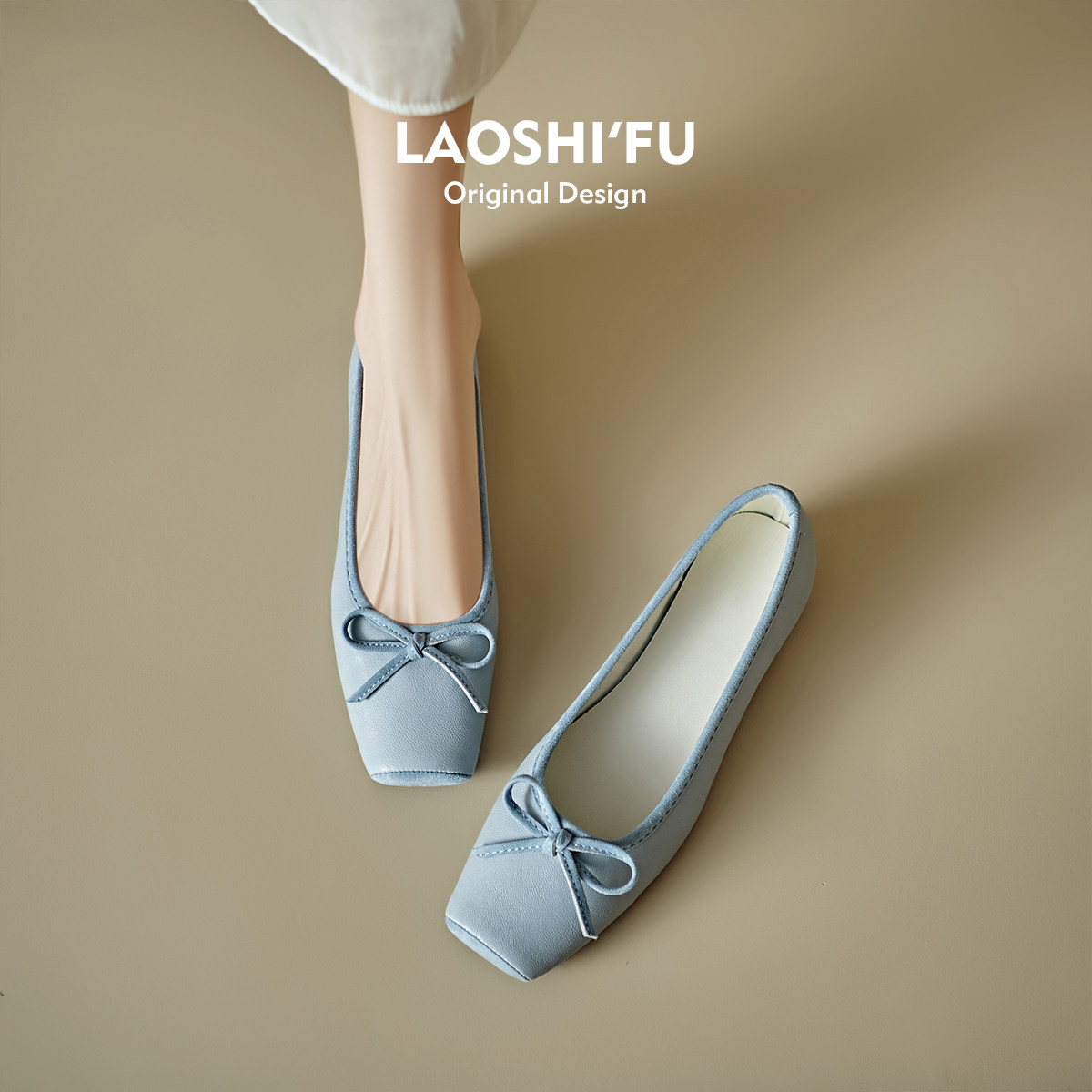 羊皮版！3cm内增高法式方头平底单鞋女春新款浅口蝴蝶结芭蕾舞鞋