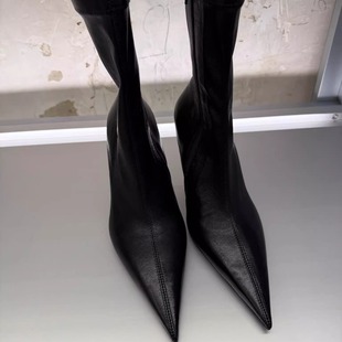米西家超尖头靴子女2025秋冬新款细跟高跟鞋欧美风短靴软皮瘦瘦靴