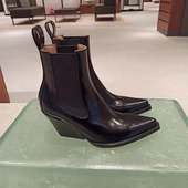 欧美尖头坡跟短靴22秋冬新款 黑色松紧带切尔西靴8cm粗跟真皮踝靴