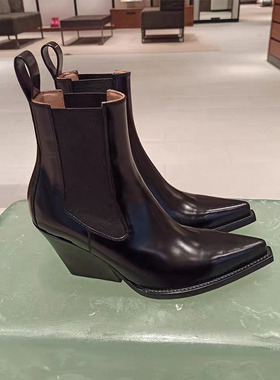 欧美尖头坡跟短靴22秋冬新款黑色松紧带切尔西靴8cm粗跟真皮踝靴