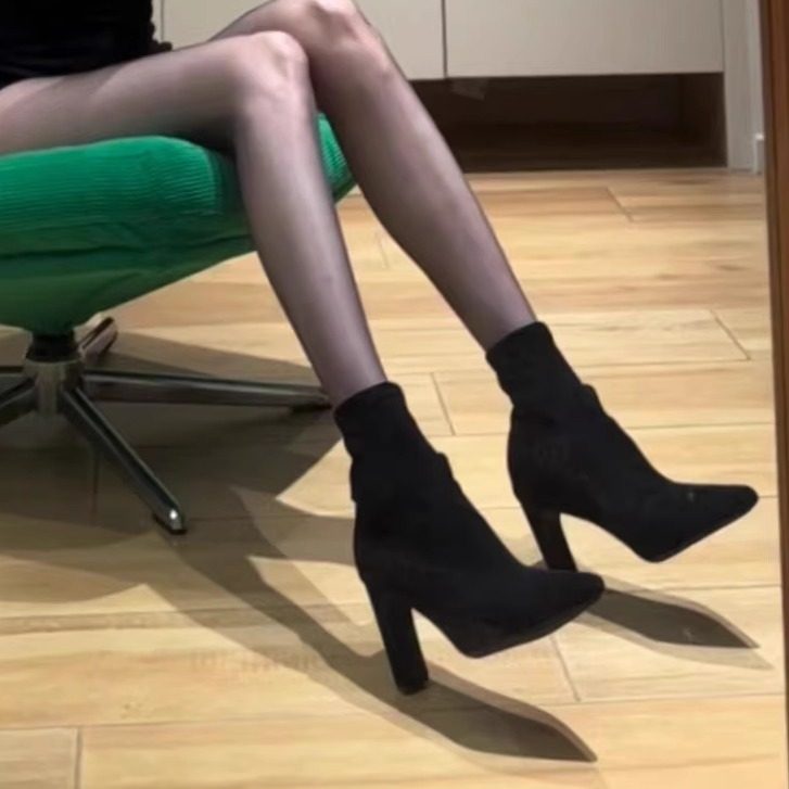 尖头弹力靴女2024秋冬新款黑色粗跟拉链短靴绒面高跟瘦瘦靴中筒靴,女鞋,弹力靴/袜靴,淘宝优惠券,粉丝福利购,淘宝优惠卷