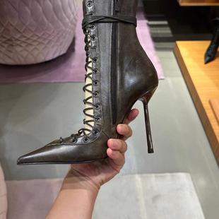 24秋冬做旧系带镂空尖头短筒靴高跟鞋欧美风细跟复古女士凉靴