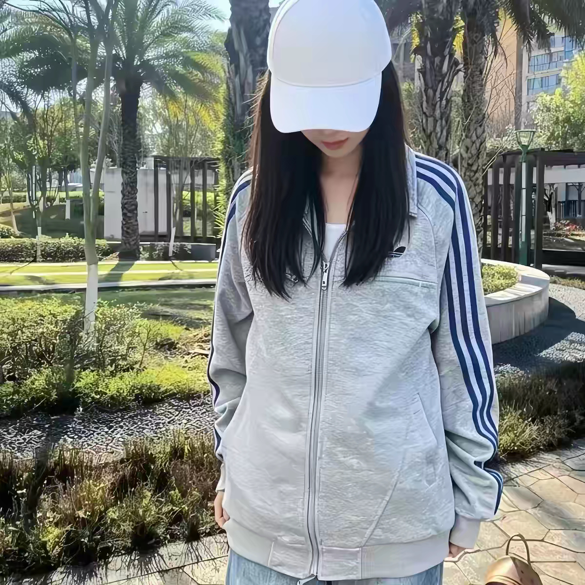 2026新款韩系复古条纹灰蓝三条杠休闲卫衣立领运动外套男女同款