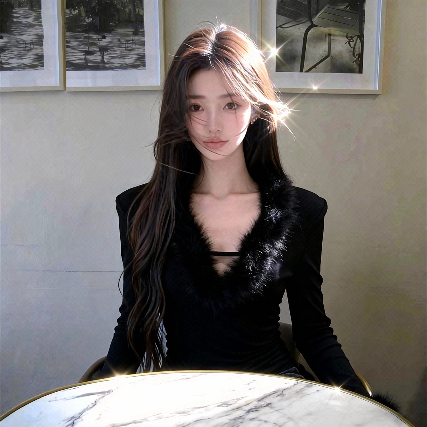 黑色御姐风V领毛绒修身上衣