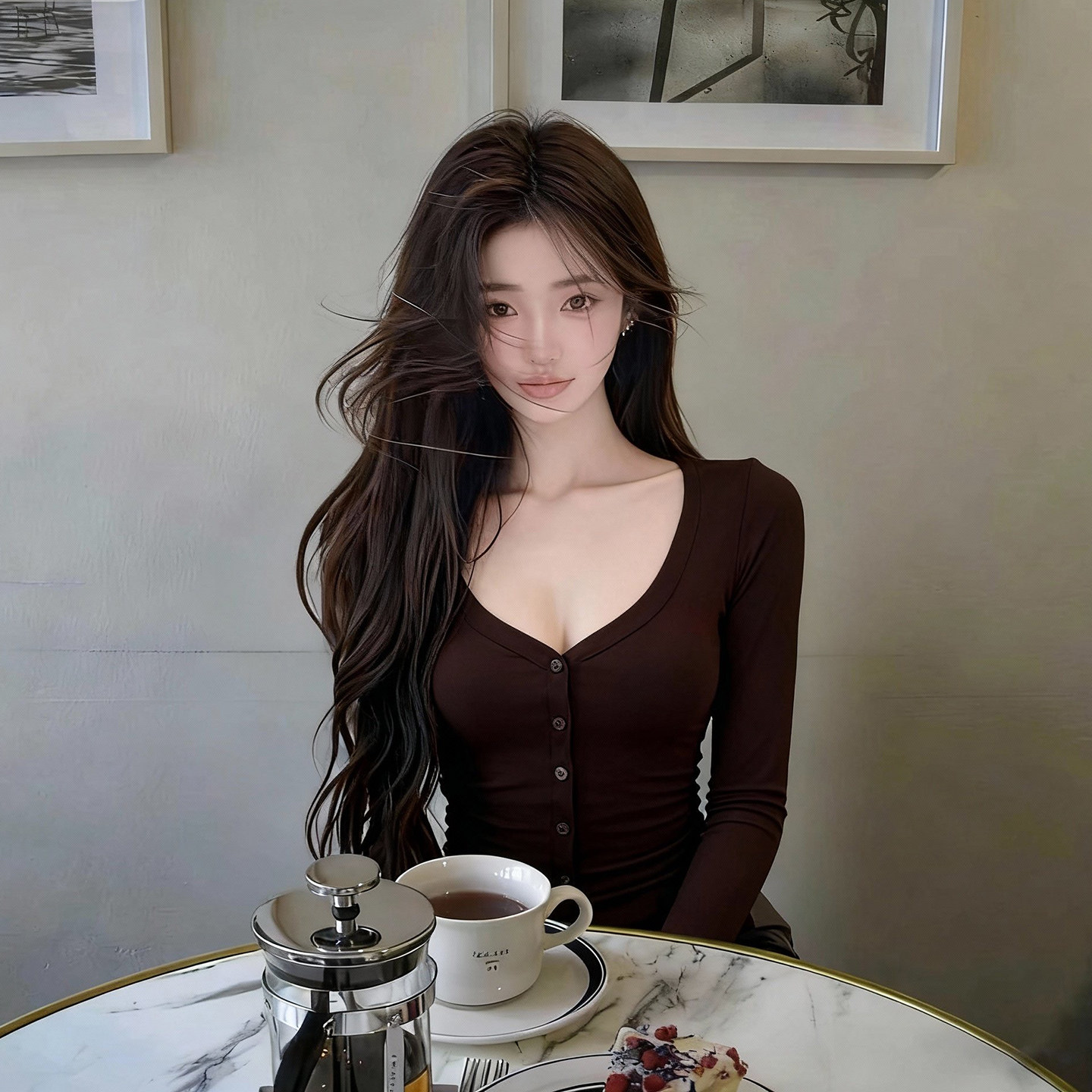 纯欲V领修身纽扣开衫打底衫