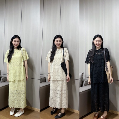 丽的城26069蕾丝短袖上衣+半身裙两件套套装