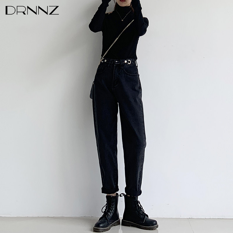 黑色宽松高腰显瘦老爹牛仔裤女2020年秋冬季新款直筒哈伦萝卜裤子