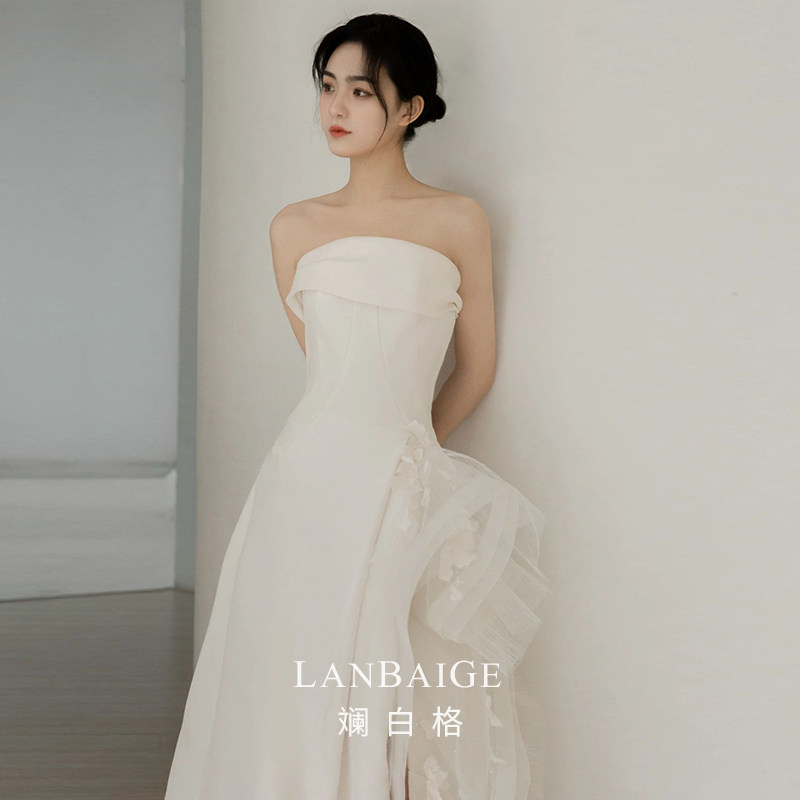 斓白格轻婚纱2024新款小个子气质新娘抹胸小礼服女缎面齐地出门纱