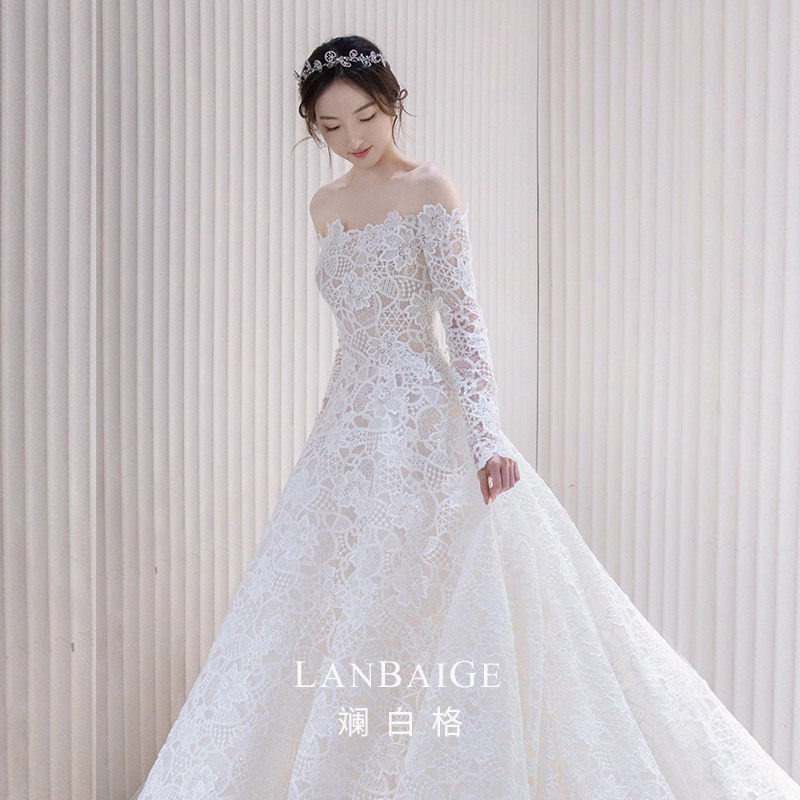斓白格新款新娘结婚法式刺绣蕾丝浪漫一字肩婚纱礼服女主纱高级感