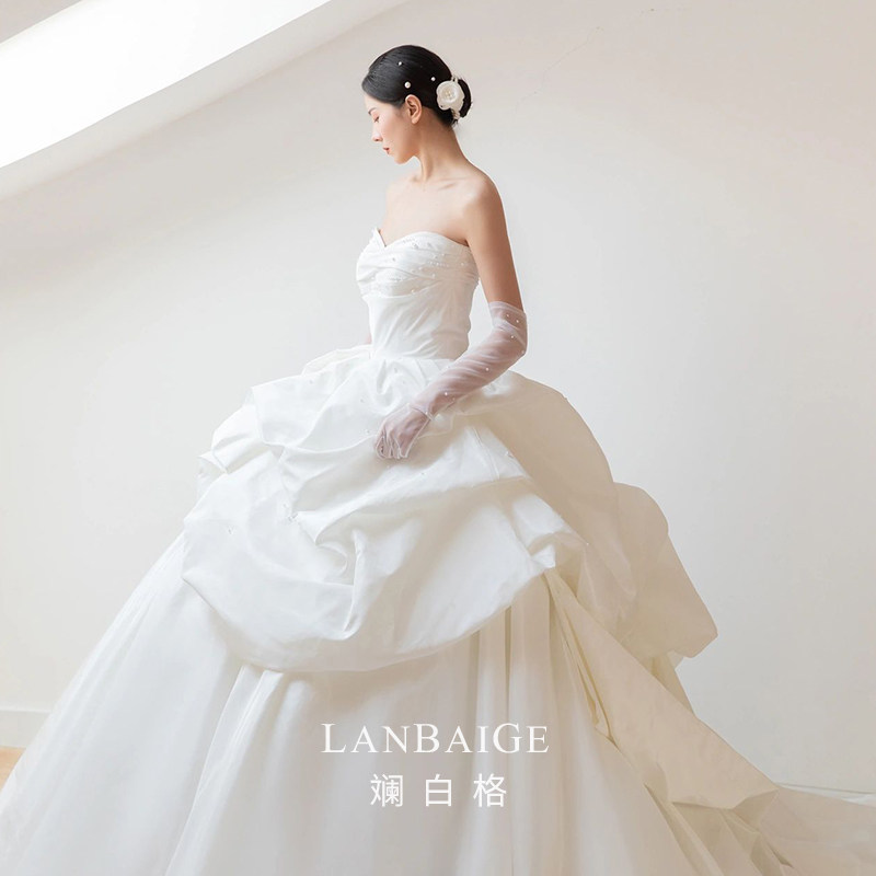【孤品特卖】定制主婚纱新娘珍珠缎面抹胸超大蓬蓬裙公主拖尾女
