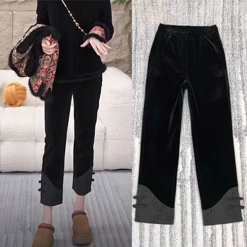 九分金丝绒烟管裤女秋冬新款加厚直筒高腰显瘦盘扣复古欧货休闲裤