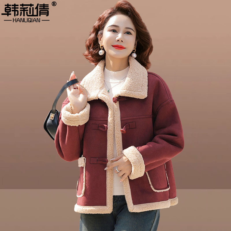 新款妈妈秋冬羊羔毛外套洋气棉衣中老年女冬装加厚保暖短款小棉袄