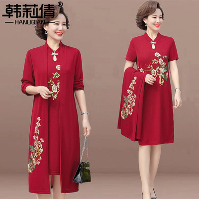 五月妈妈秋装喜婆婆婚宴旗袍连衣裙中老年女装春秋结婚礼服两件套
