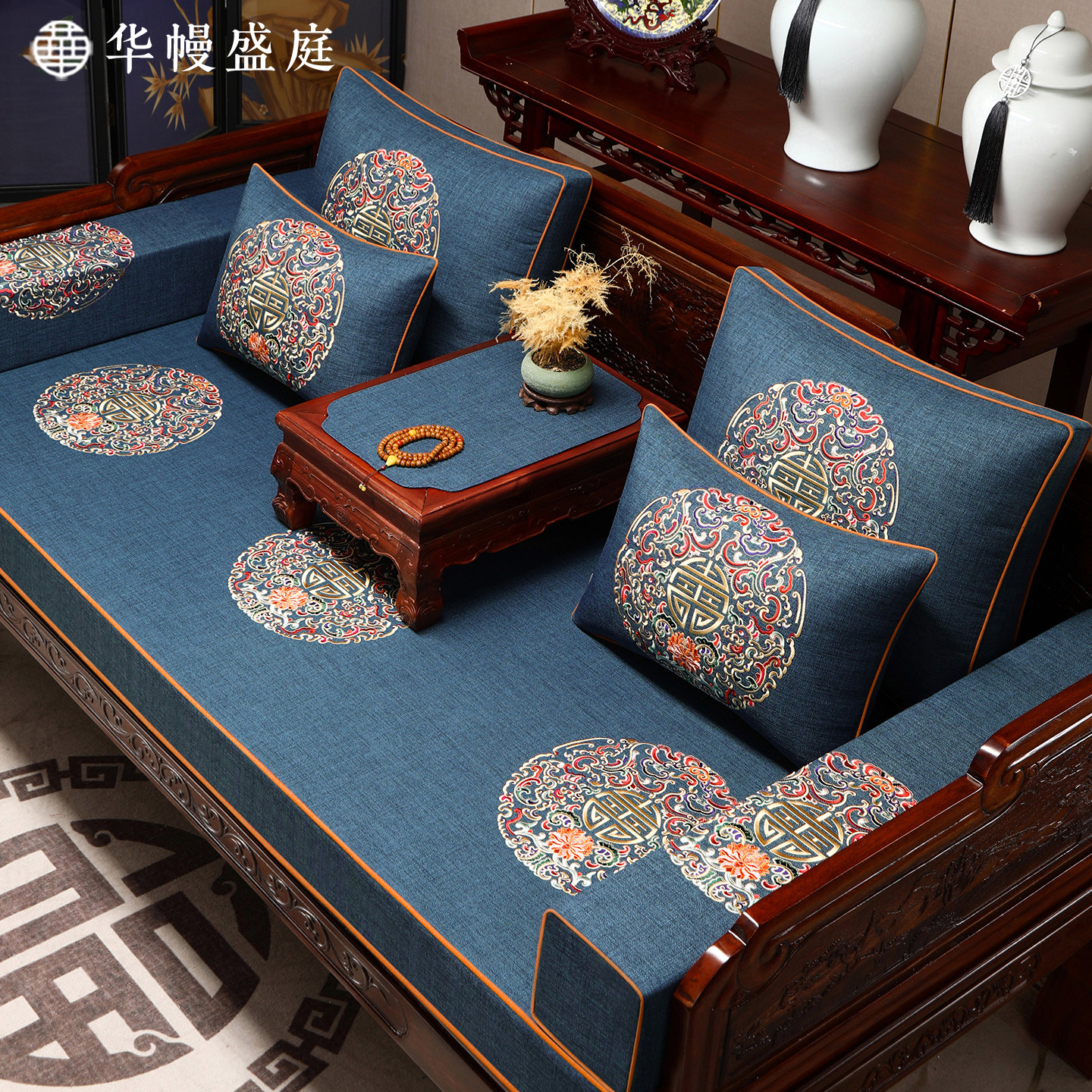 中式罗汉床五件套坐垫带靠背四季通用红木家俱沙发垫加厚座垫定制