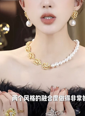 新款法式山茶花珠项链珍珠