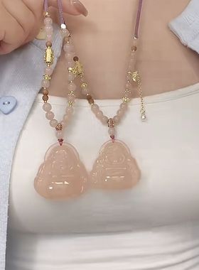 藕粉玉石佛公吊坠玉石木珠项链女款2025新款爆款锁骨链长款毛衣链