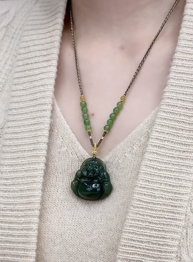 新款仿玉石佛公项链女轻奢小众精致手工编绳毛衣链百搭送妈妈礼物
