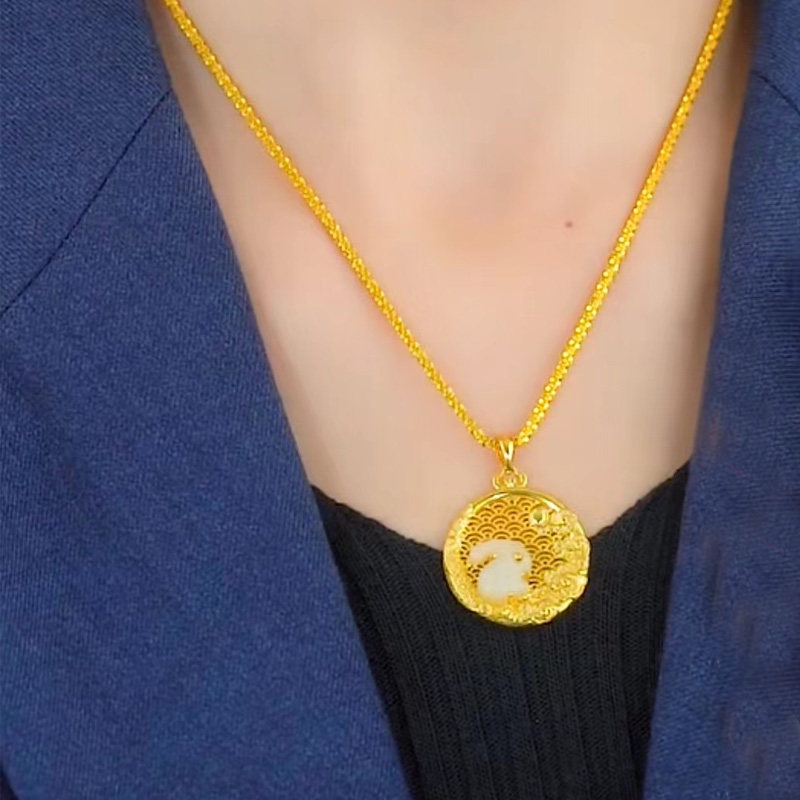 和田玉祥云玉兔镂空项链吊坠送情侣女友情人爆款月亮兔子气质挂坠