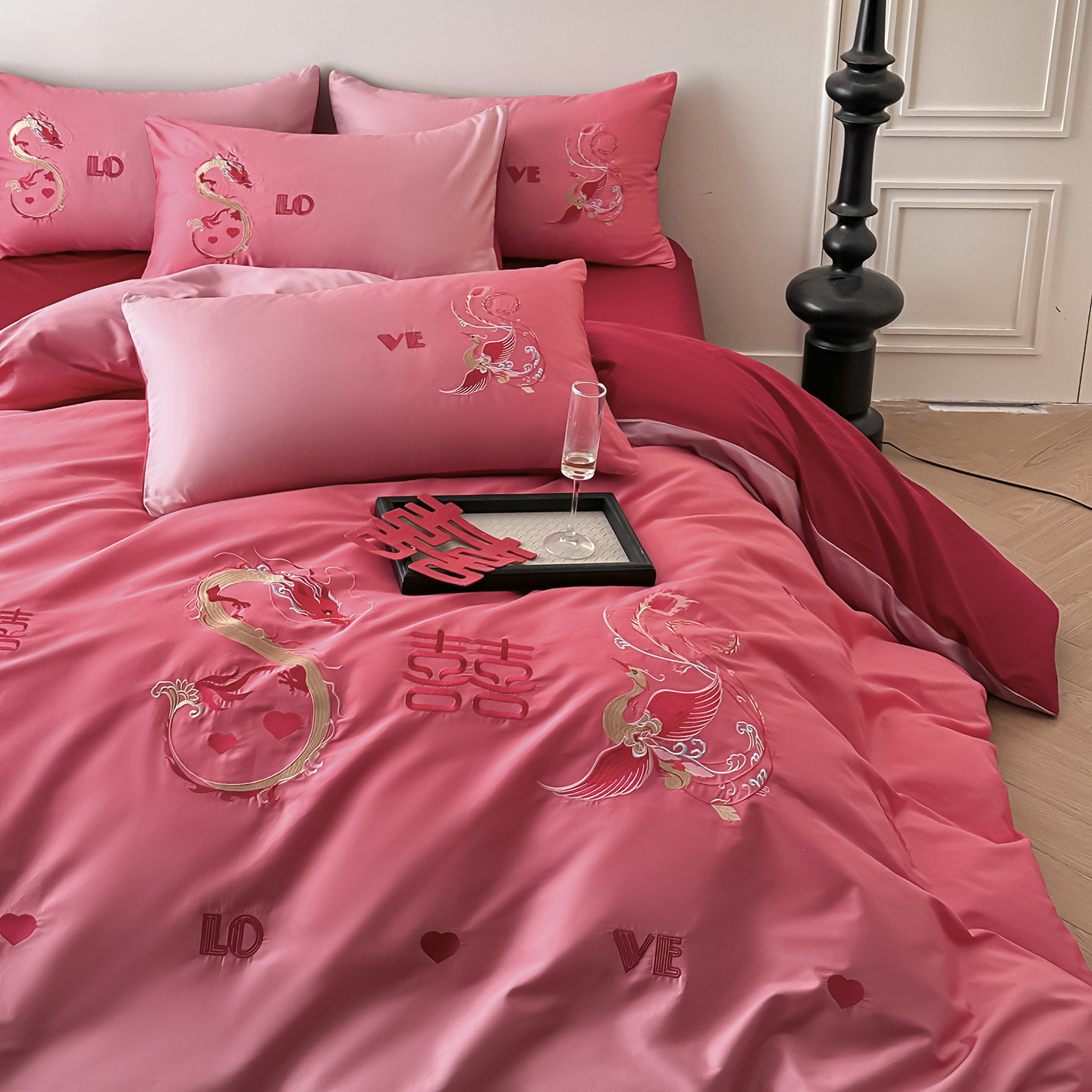 巨好看~高端婚庆四件套婚礼陪嫁喜被龙凤喜刺绣床上红色结婚被套