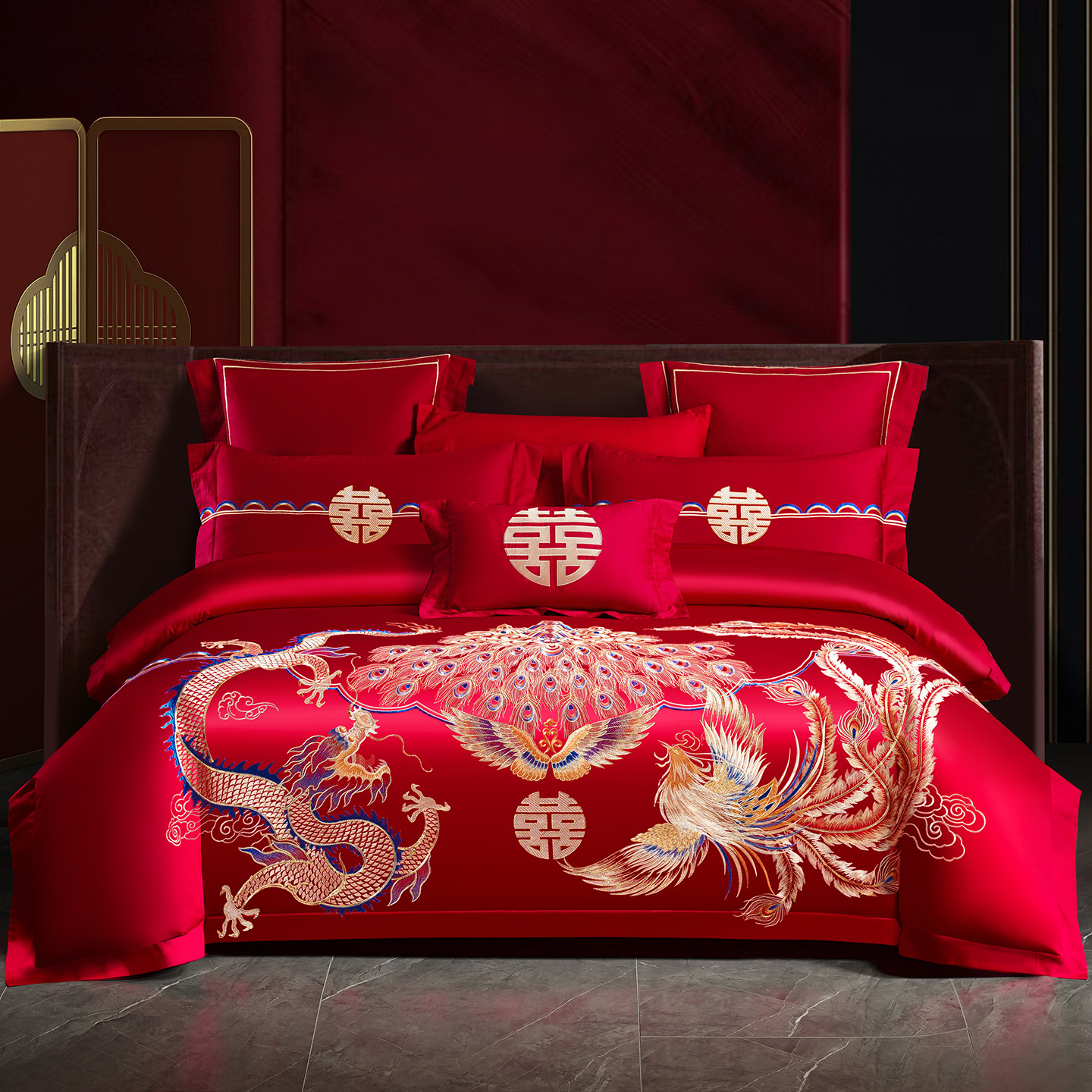 婚庆四件套喜庆结婚龙凤床上用品婚嫁婚床新婚大红色喜被床单被套