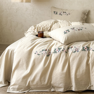 高级棉麻刺绣四件套亚麻被套床单全棉长绒棉2026新款床笠床上用品