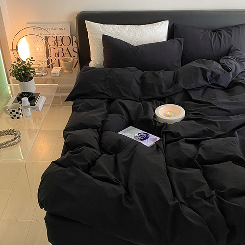 暗黑系纯色水洗棉四件套纯棉