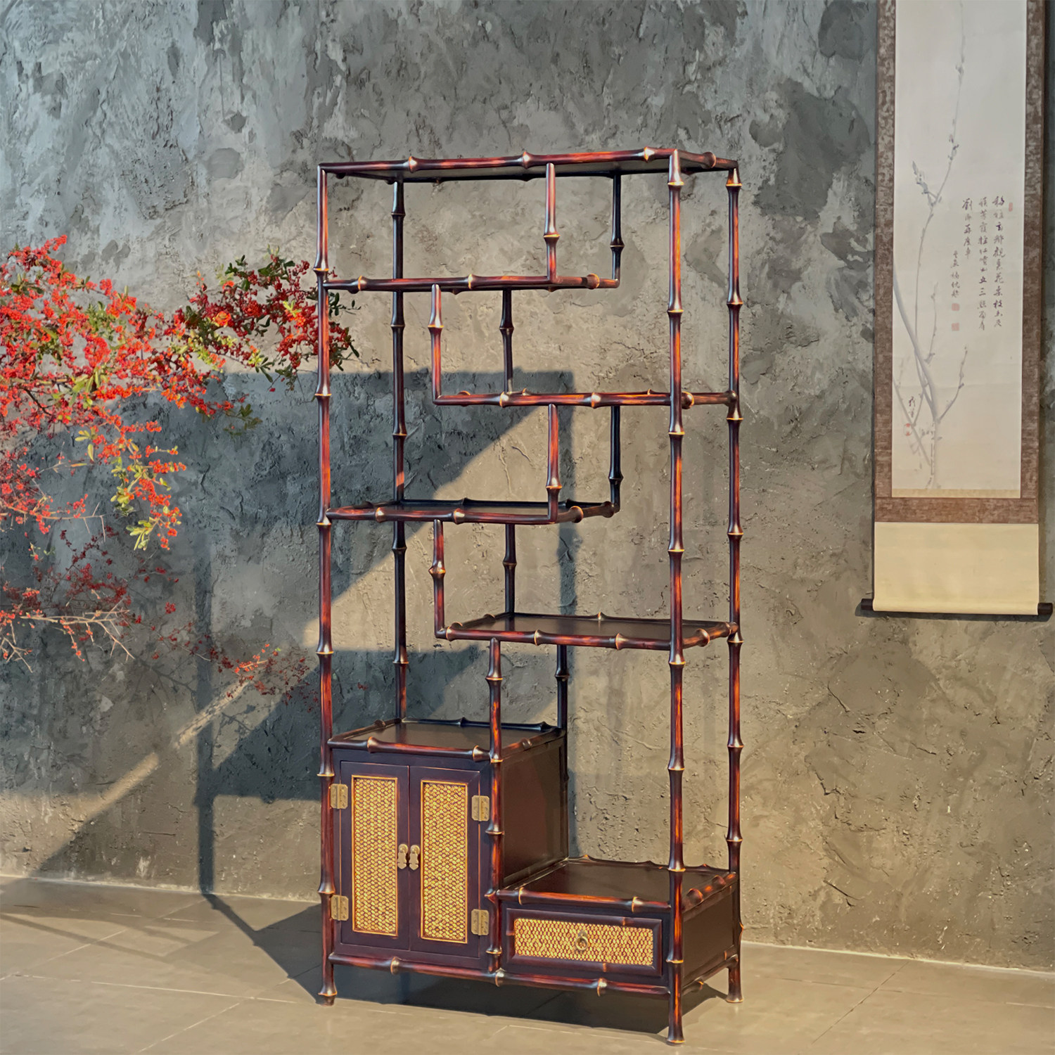 明式博古架（筇竹）竹老表手工圆竹仿古多宝格中式格架展架置物架