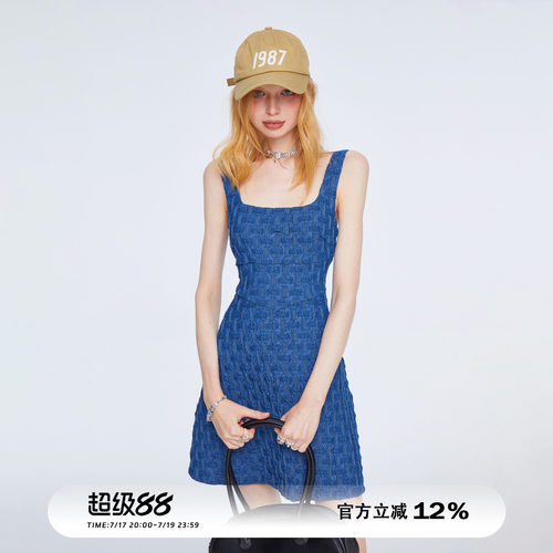 原创蓝色收腰修身吊带牛仔连衣裙