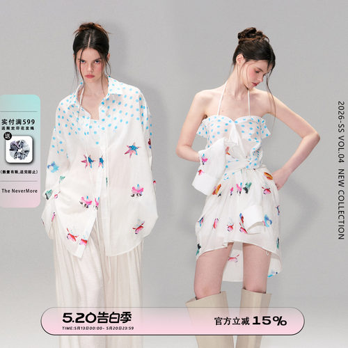复古撞色印花白衬衫女宽松