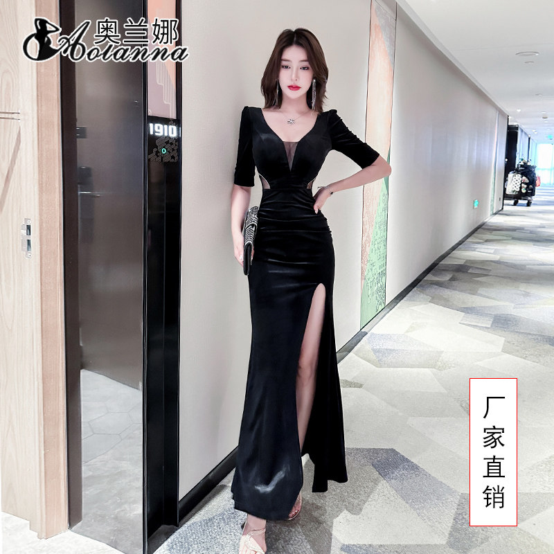夜场上班工作服性感连衣裙深V长款晚礼服柔式spa技师服沐足店工衣