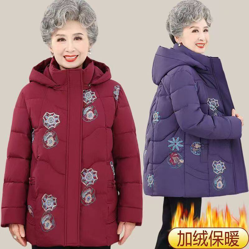 中老年女加绒加厚刺绣连帽棉服