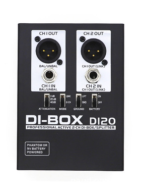 吉他有源2通道 DI盒 Active DI BOX 信号阻抗器 消除杂音 隔离器