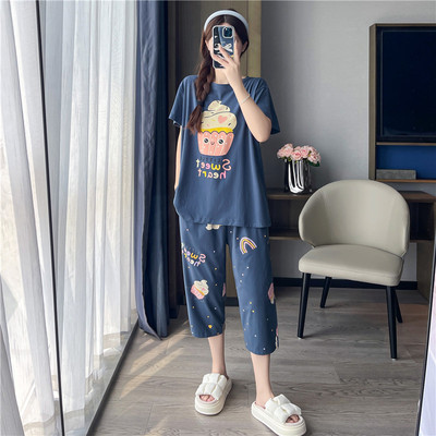 春夏季宽松加大码短袖七分裤睡衣女胖mm200斤纯棉卡通薄款家居服