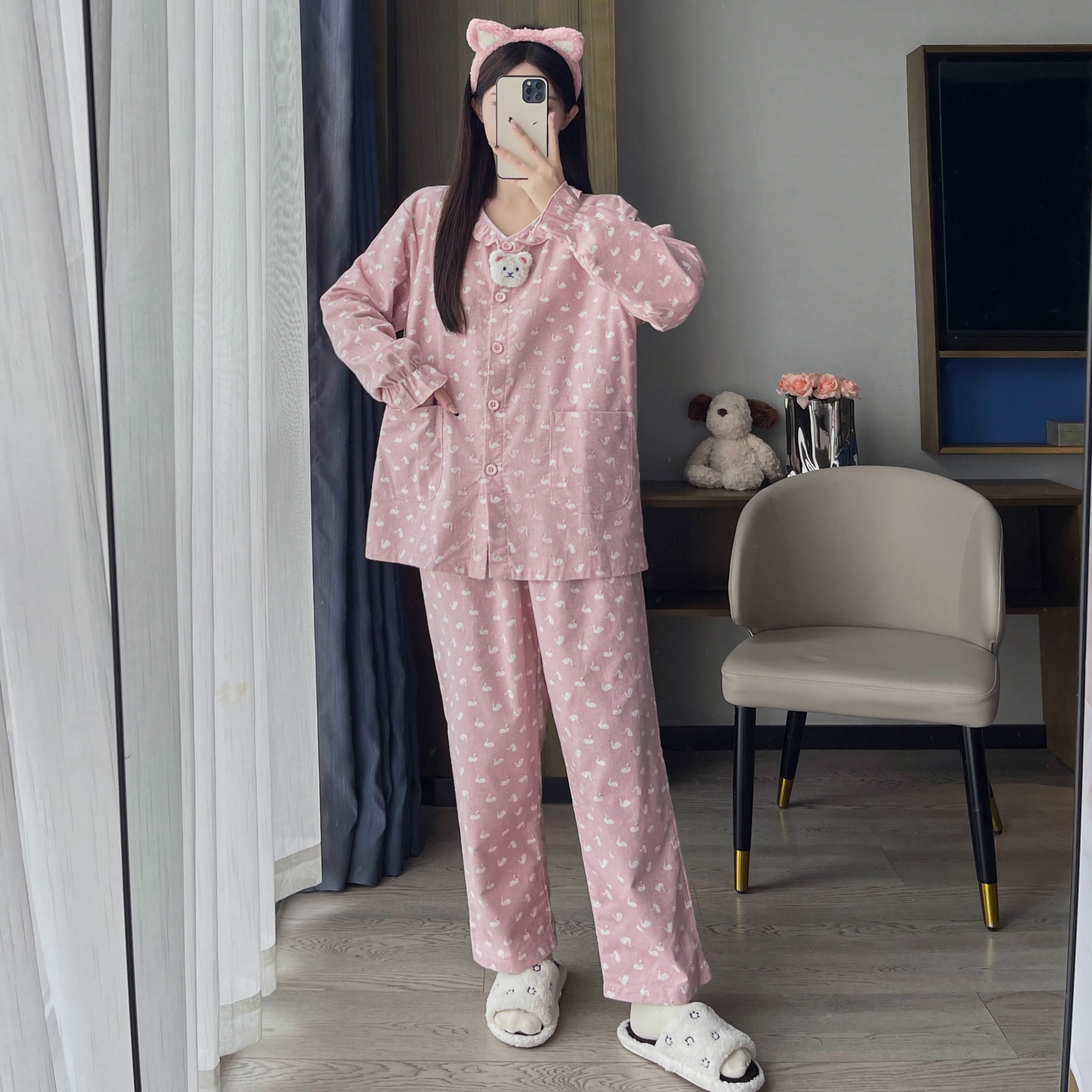 春秋季开衫宽松加大码200斤长袖长裤睡衣女胖mm纯棉家居服两件套