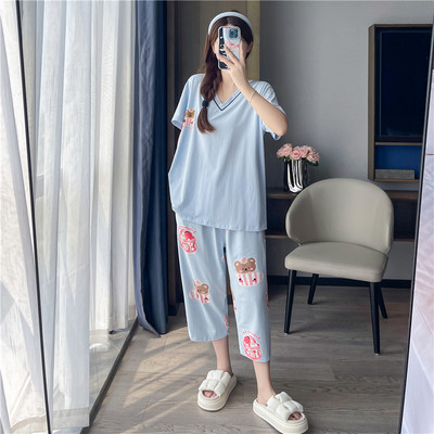 春夏季胖妹妹纯棉加大码睡衣女200斤短袖七分裤V领薄款宽松家居服