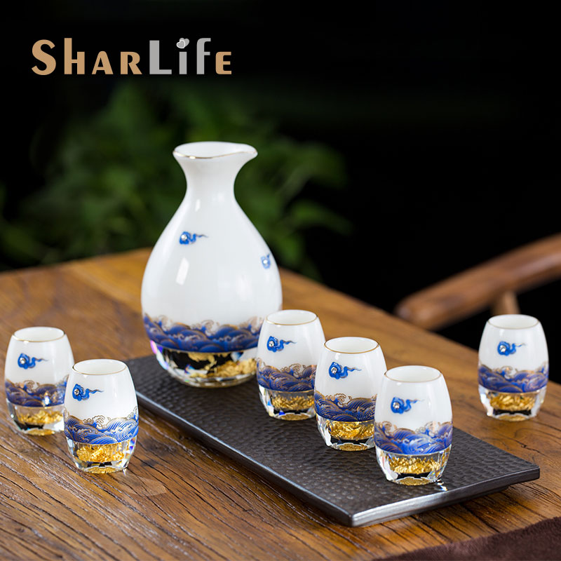 Sharlife羊脂玉小号白酒杯家用分酒器施华洛世奇元素金箔酒具套装