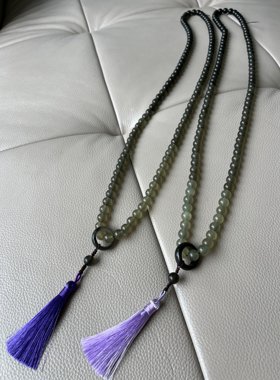 岫玉项链108粒佛珠渐变色玉石颈饰品灰色卡10老型珠珠链流苏款通