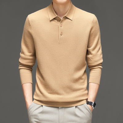 春秋季桑蚕丝长袖T恤男休闲翻领含羊毛针织polo衫真丝T恤上衣服